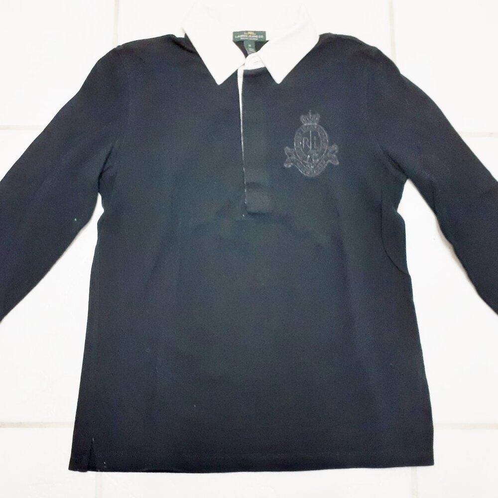 RALPH LAUREN JEANS CO LRL KNIT TOP SHIRT WITH LARGE BLACK EMBROIDERED LOGO M